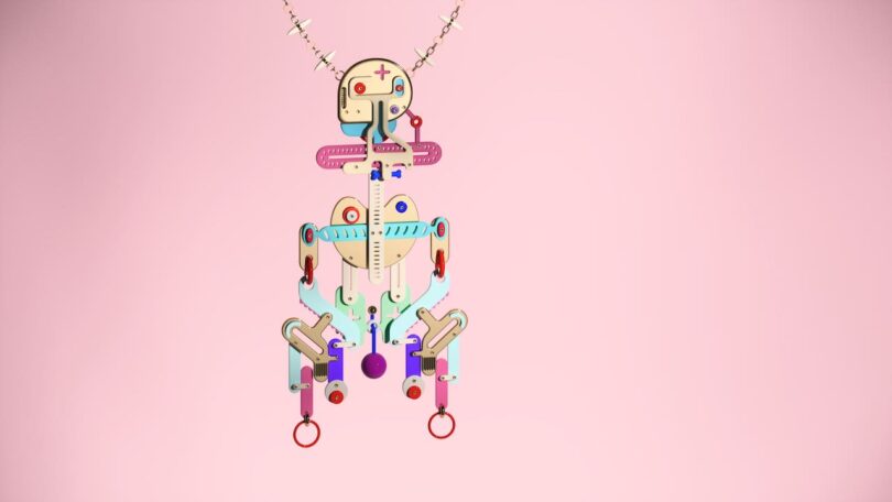 A stylized, mechanical robot figure with colorful components is suspended against a pink background, capturing the essence of 2025 Top 10 Style.