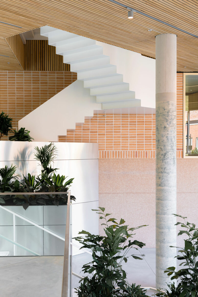 Modern interior with a floating white staircase, brick and wood walls, potted plants, a round column, and large windows providing natural light.