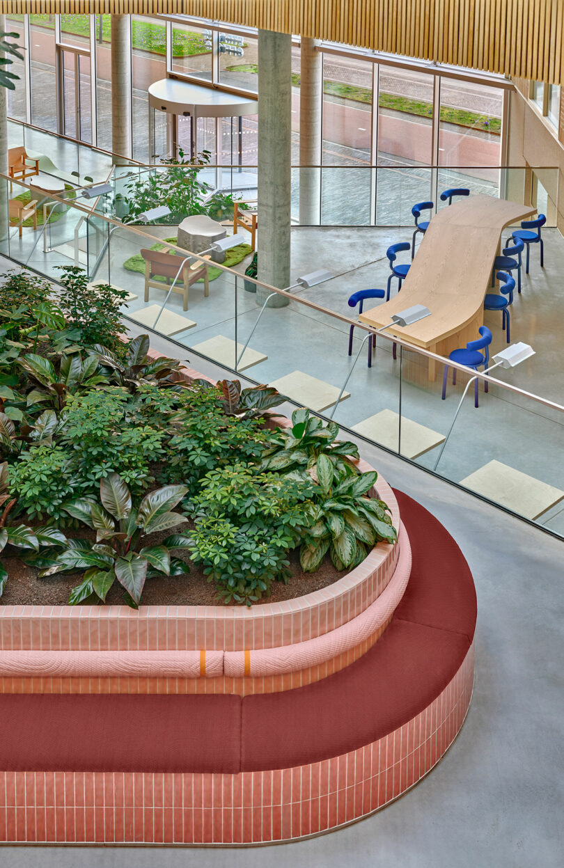 Contemporary indoor space with large planter, red cushioned seating, glass railing, and tables with blue chairs near tall windows.