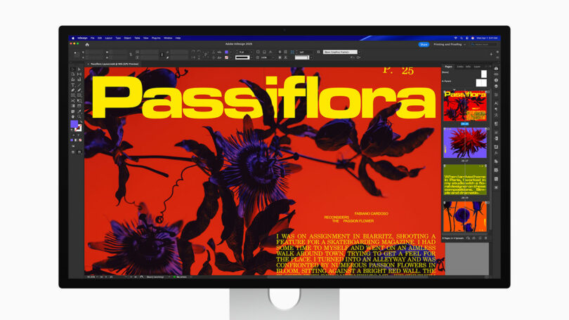 A computer monitor displays an orange and red graphic design project with large yellow text reading "Passiflora" and images of purple passion flowers.