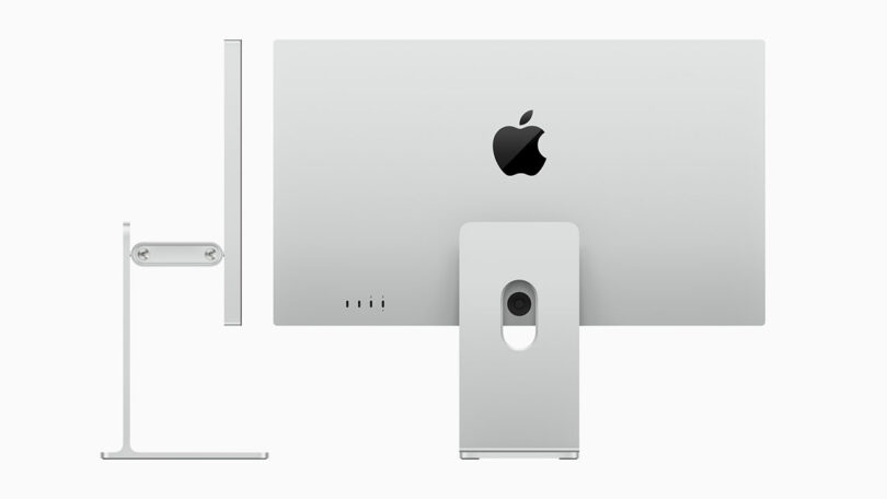 Rear and side views of a silver Apple desktop computer, showing its stand, ports, and Apple logo against a plain background.