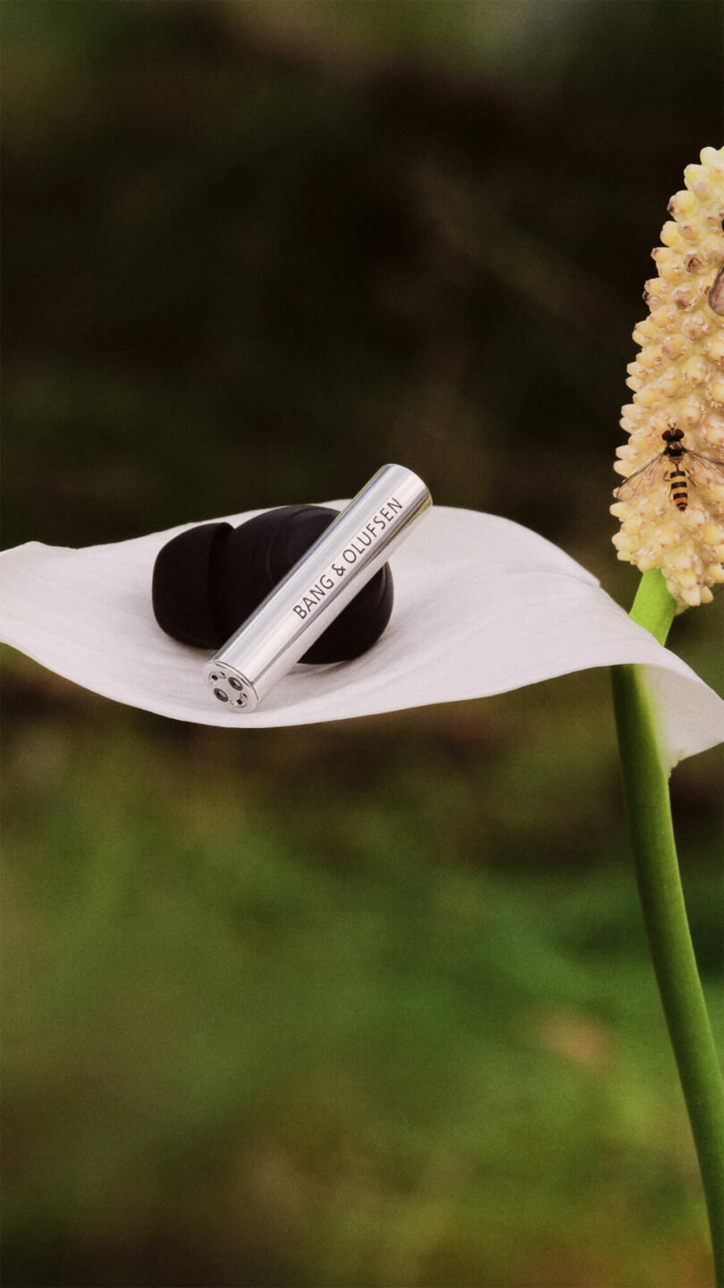 A Bang & Olufsen wireless earbud case and earbuds rest on a white flower petal, with a bee on a nearby yellow-tipped spadix, against a blurred green background.