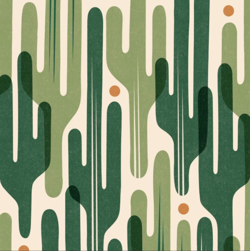 Abstract pattern featuring various shades of green cactus shapes with small orange circles on a light beige background