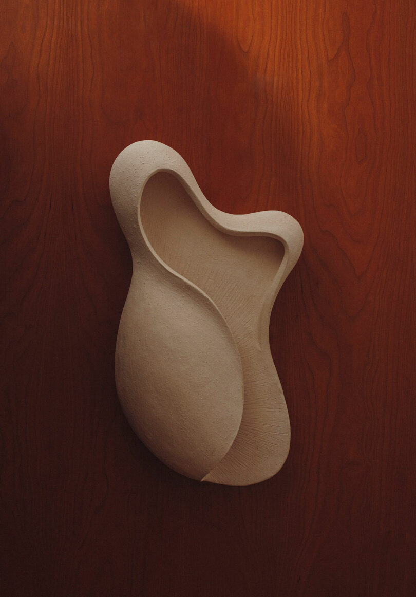 Abstract, smooth, white sculptural form mounted on a reddish-brown wood surface with a natural grain pattern.