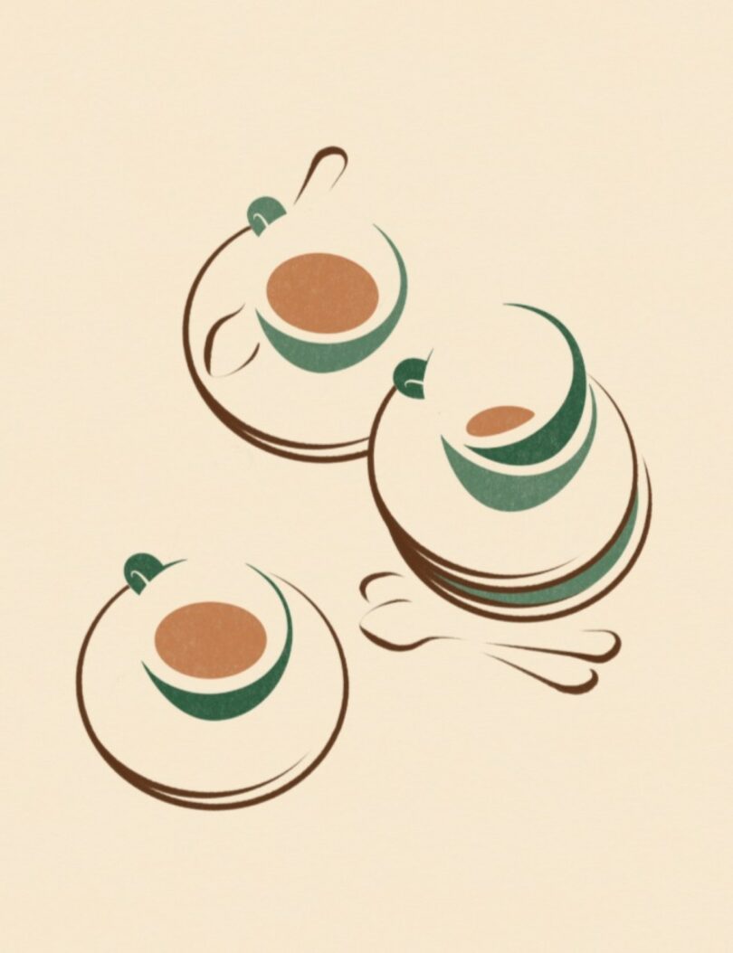 Minimalist illustration of three teacups with saucers and spoons, each cup containing a brown liquid, set on a light beige background