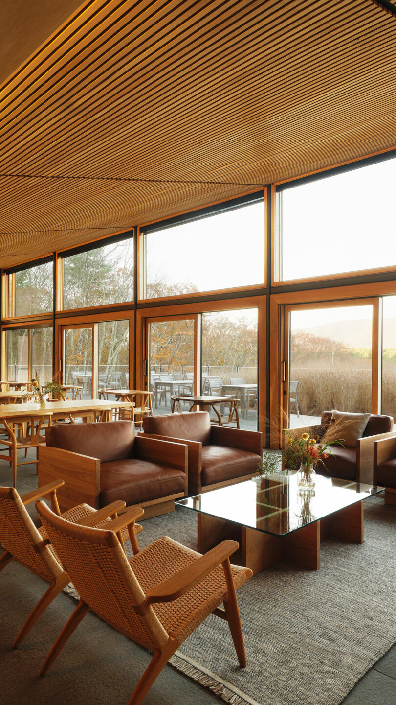 A modern lounge with a wooden ceiling, large glass windows, brown leather sofas, woven chairs, a rug, and a Design Within Reach glass coffee table, overlooking an outdoor patio and natural landscape.