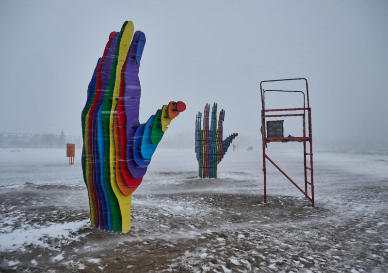 Winter Stations, Embrace rainbow hand scultpure