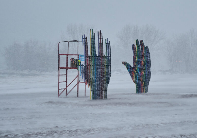 Winter Stations, Embrace rainbow hand scultpure
