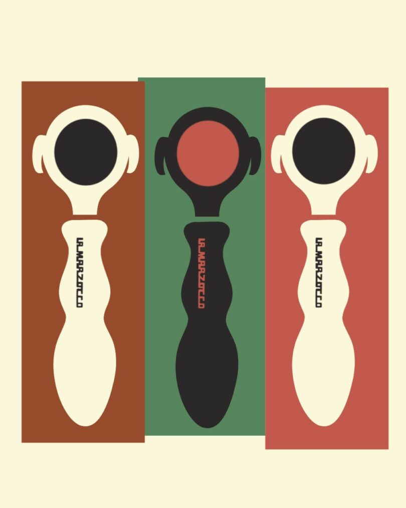 Stylized graphic of three coffee portafilters with "La Marzocco" text, each set against different colored rectangular backgrounds: brown, green, and red
