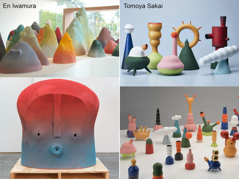 Collage of colorful abstract ceramic sculptures; top left and bottom left by En Iwamura, top right and bottom right by Tomoya Sakai, displayed in gallery settings alongside works inspired by Nimrod Weis.