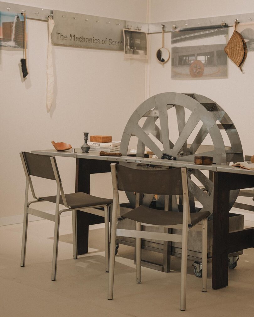 A table with metal chairs and a large metal wheel centerpiece sits in a room decorated with photos, objects, and a sign reading "The Mechanics of Sound" on the wall.