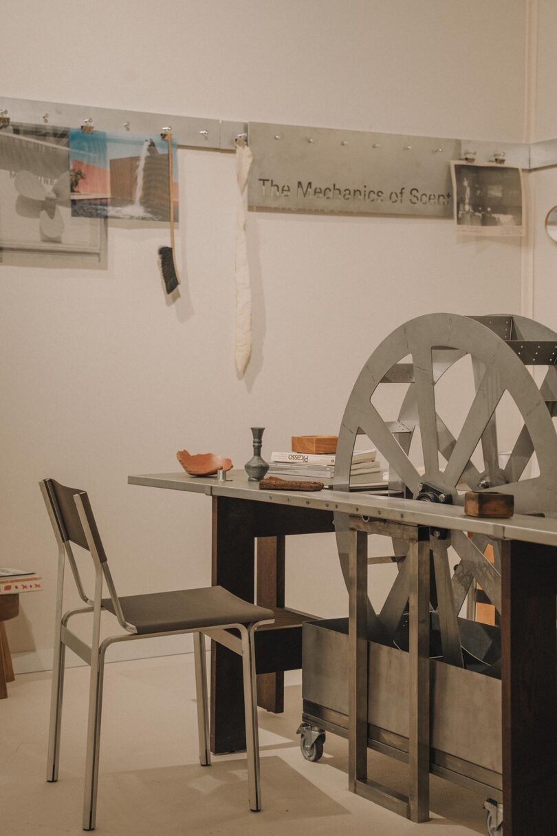 Industrial-themed workspace with a metal gear sculpture, table, chair, books, and wall-mounted sign reading "The Mechanics of Scent." Various objects and photos hang on the wall.