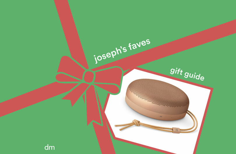 A gold portable speaker on a green background with a red ribbon graphic and the text "joseph’s faves" and "gift guides.