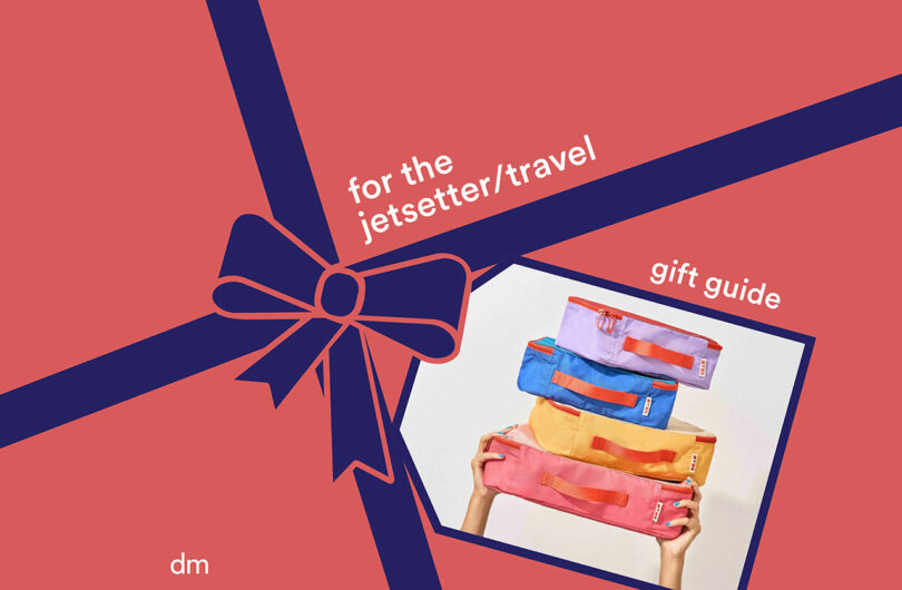 A hand holds three colorful travel pouches stacked atop each other, featuring "for the jetsetter/gift guides" text and a ribbon graphic on a vibrant red background.