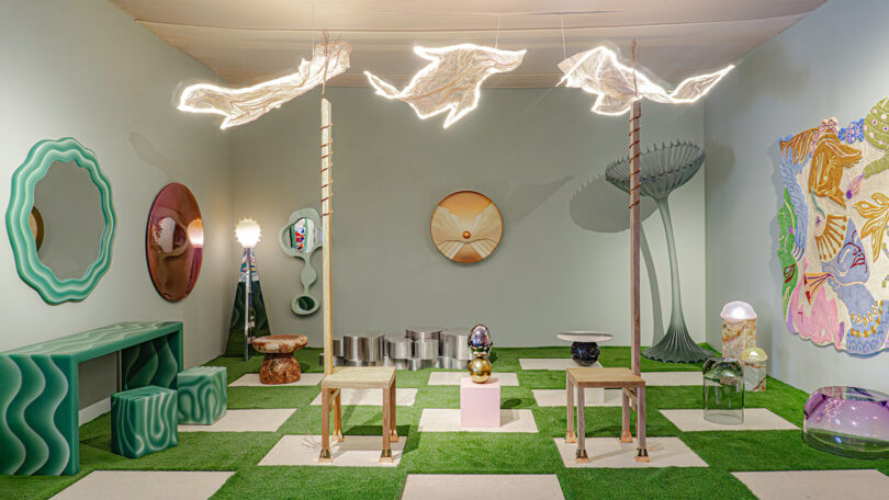 Eclectic room with sculptural furniture, abstract art, large round mirrors, decorative lighting, and a checkered grass-like floor. Two horse-shaped light fixtures hang from the ceiling.