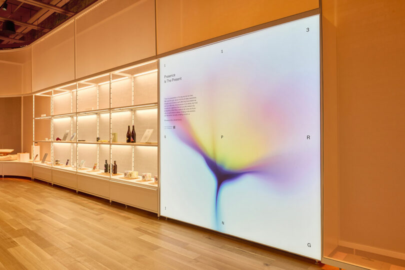 A modern display area with glass shelves holding various items and a large illuminated panel featuring an abstract, colorful design and small text.