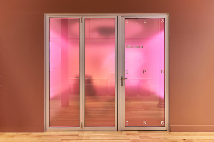 Glass door with a pink tint, set in a brown wall. The word "Blossom" and scattered letters spelling "SPRING" are visible on the glass.