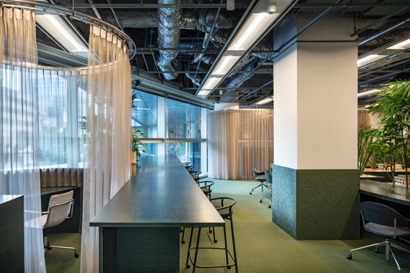 Modern office space with long dark tables, black chairs, green carpeting, large windows, and sheer beige curtains partitioning areas. Exposed ceiling with industrial lighting and vents.