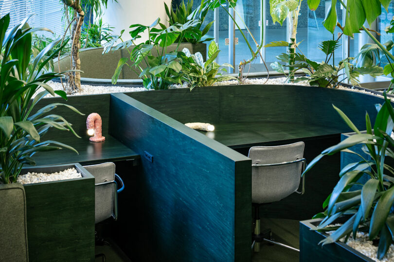 A modern office workspace with dark wood desks, grey chairs, and green plants dividing work areas; worm-shaped desk lamps sit on the desks.