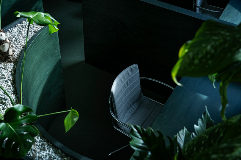 A modern office cubicle with a gray chair, dark green divider walls, white pebbles, and green leafy plants.