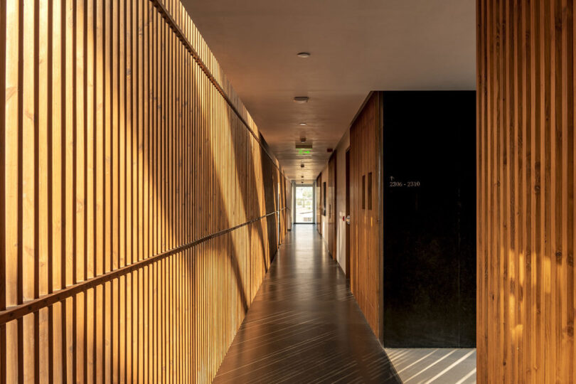 A modern hallway by Malik Architecture features wooden slat walls, black doors, and sunlight casting dynamic shadows across the floor and walls.
