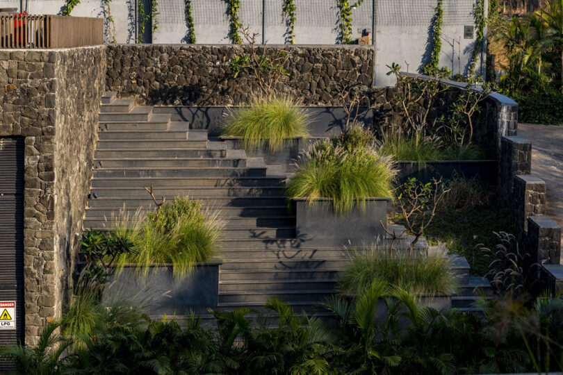 Stone outdoor staircase by Malik Architecture, featuring several planters with tall grasses and small trees, bordered by a stone wall and surrounded by lush greenery.