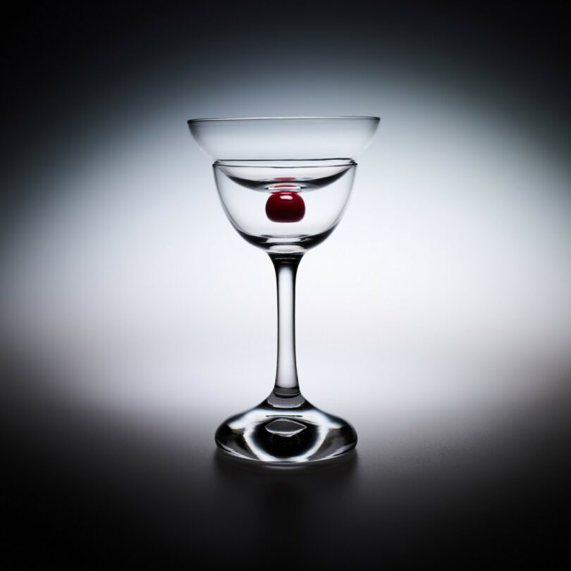 A clear cocktail glass with a single red cherry inside, set against a gradient gray background with dramatic lighting