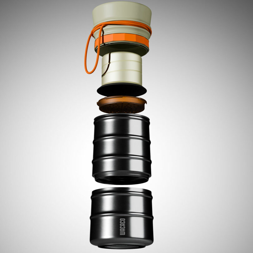 An exploded view of a portable coffee maker shows its disassembled parts, including a lid, filter, coffee grounds, and cylindrical metal containers.