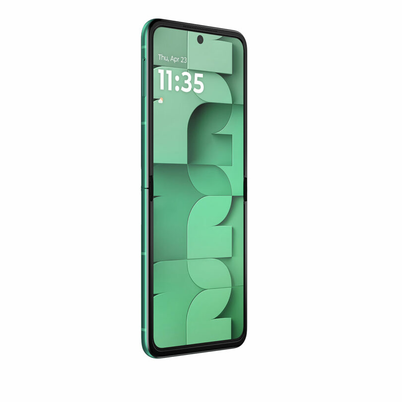 A green foldable smartphone is shown partially open with a geometric wallpaper and the time 11:35 displayed on the screen.