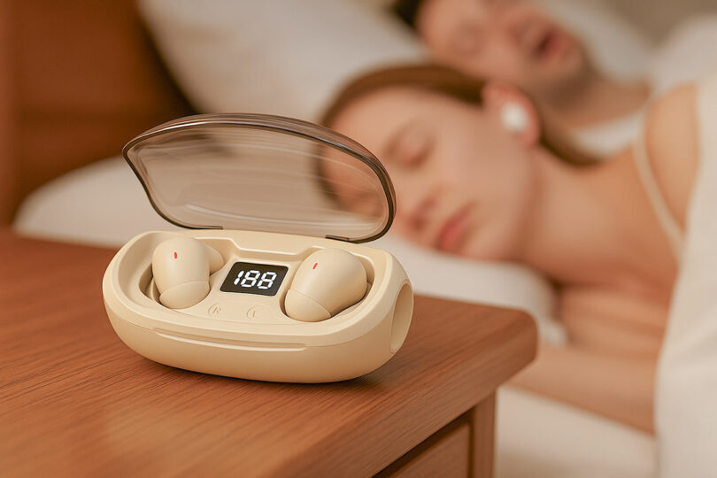 Beige SleePods wireless earbuds in a charging case with a digital display sit on a bedside table; a man and woman sleep in the background, both wearing their SleePods.