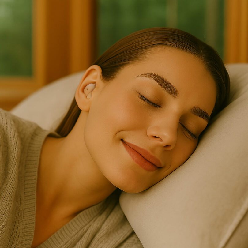 A woman with closed eyes and a slight smile rests her head on a SleePods pillow indoors, appearing relaxed and content.