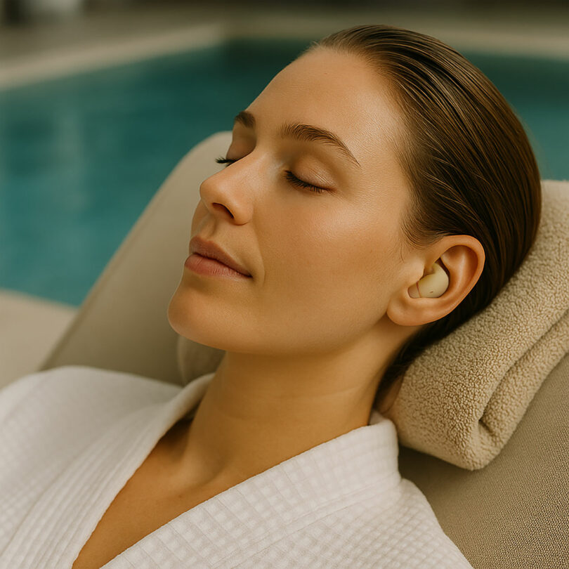 A woman in a white robe relaxes with eyes closed on a lounge chair by a pool, resting her head on a rolled towel—enjoying the serene comfort reminiscent of SleePods.