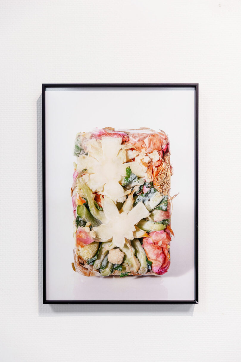 Photograph of a rectangular block containing mixed vegetables and flowers, displayed in a black frame against a white wall.