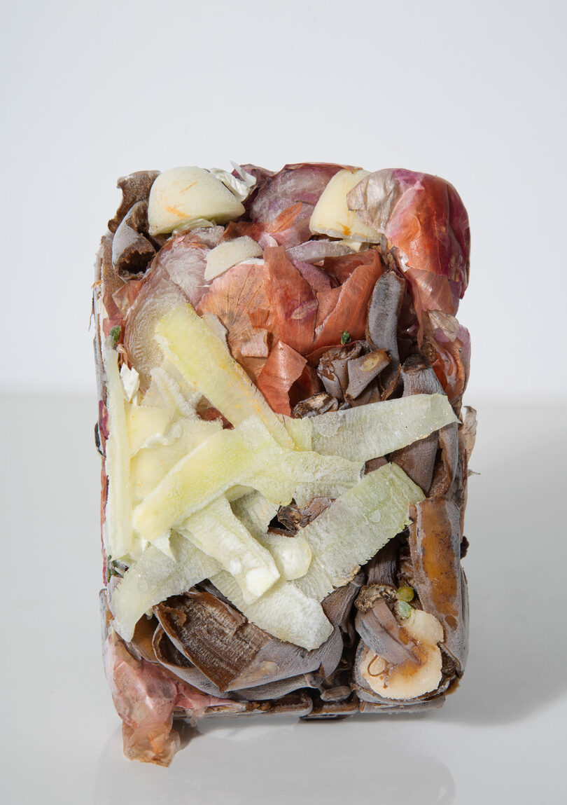 A block of assorted vegetable peels and food scraps tightly compacted together, displayed upright against a plain white background.