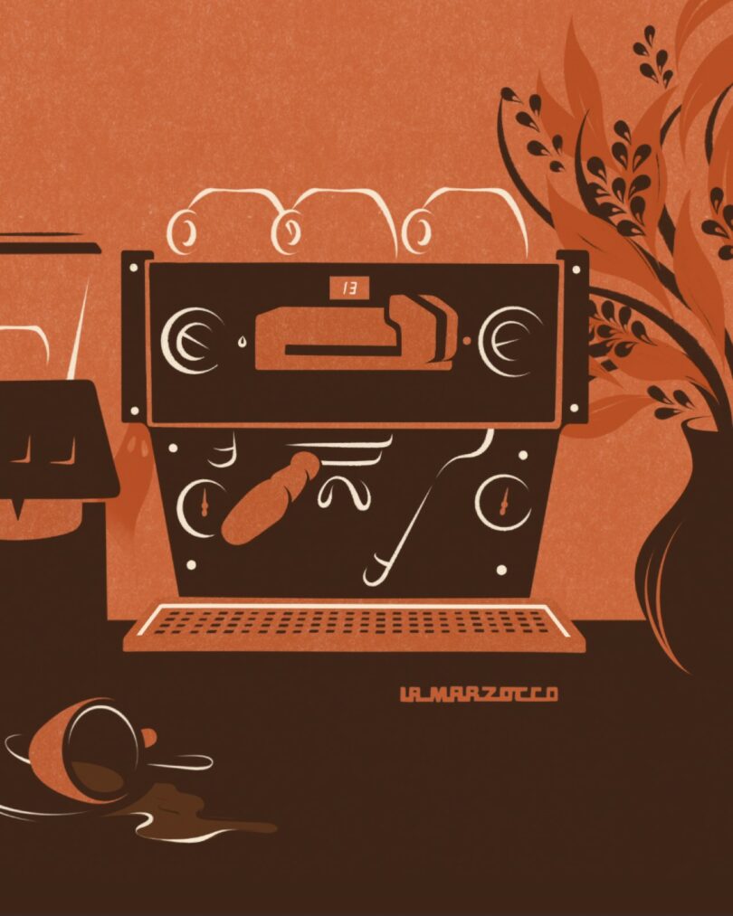 Illustration of a La Marzocco espresso machine on a countertop with coffee cups on top, a spilled cup in the foreground, and a vase with foliage on the right