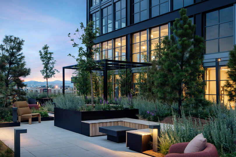 Modern rooftop garden by Morris Adjmi Architects with seating areas, greenery, and trees next to a glass building at dusk.