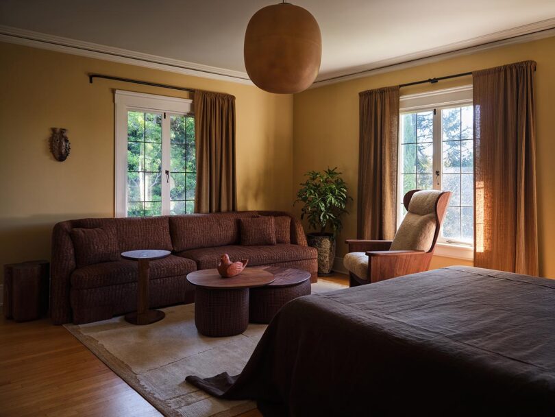 A cozy living space from The Future Perfect with a brown sofa, armchair, round coffee tables, a bed, potted plant, and large windows with brown curtains letting in natural light.