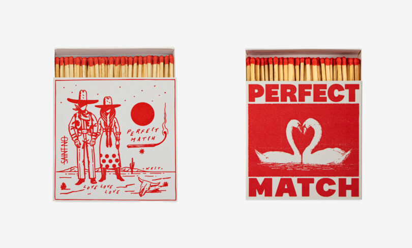 Two matchboxes: one with two cowboys and a red sun, the other with two swans forming a heart shape and "PERFECT MATCH" in bold—unique Valentine's Day gifts for your special someone.