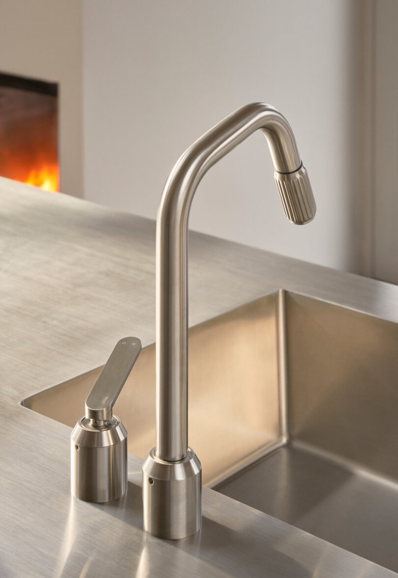 A close-up of a modern stainless steel Vipp kitchen faucet and handle on a matching metal countertop and sink, with a blurred fireplace in the background.