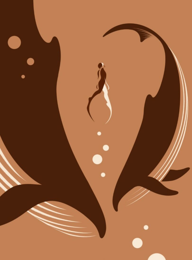 Minimalist illustration of a person swimming between two large whales, with bubbles rising around them, on a monochromatic brown background